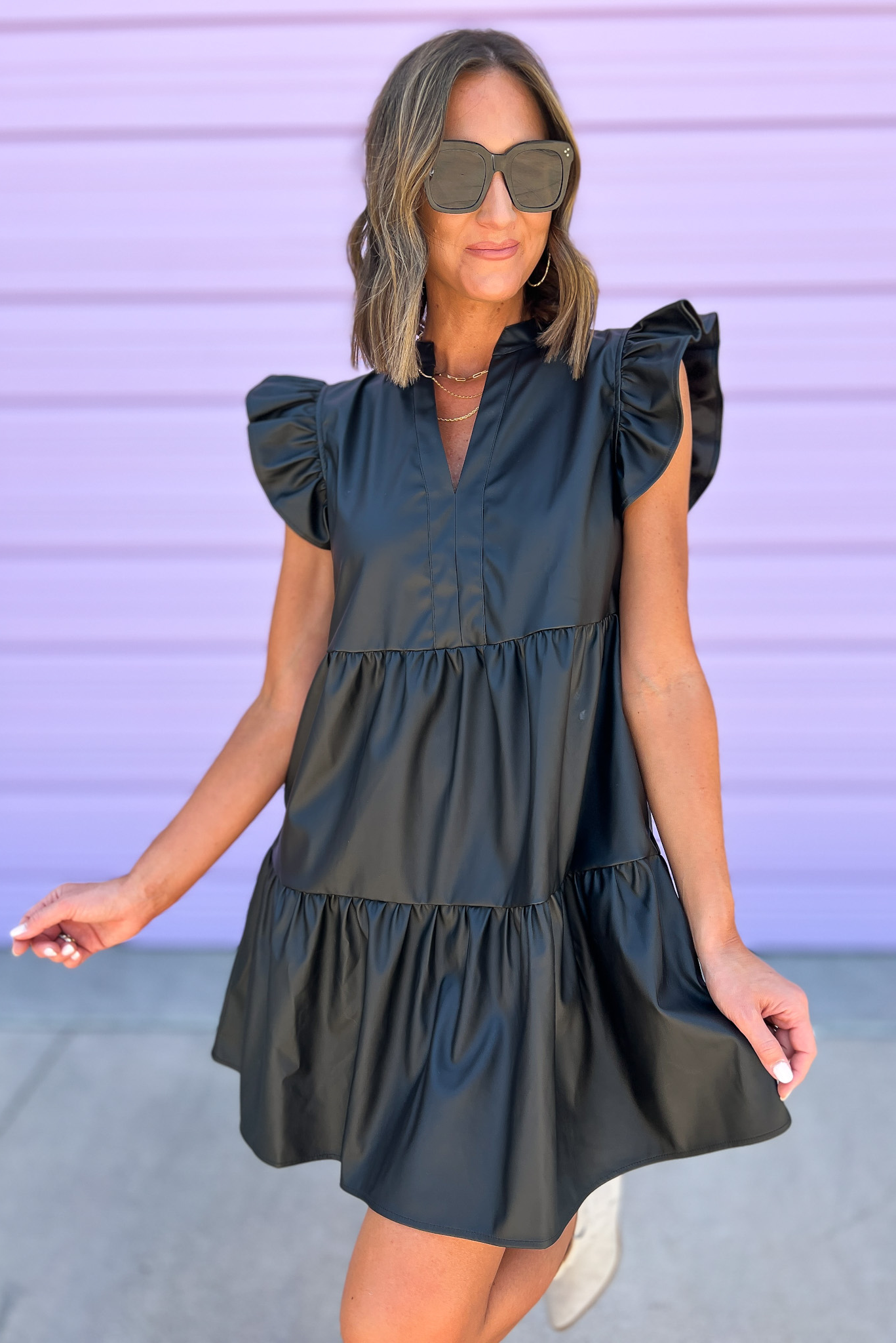 Black Faux Leather V Neck Ruffle Sleeve Tiered Dress, faux leather dress, ruffle sleeves, tiered dress, black dress, Shop Style Your Senses By Mallory Fitzsimmons