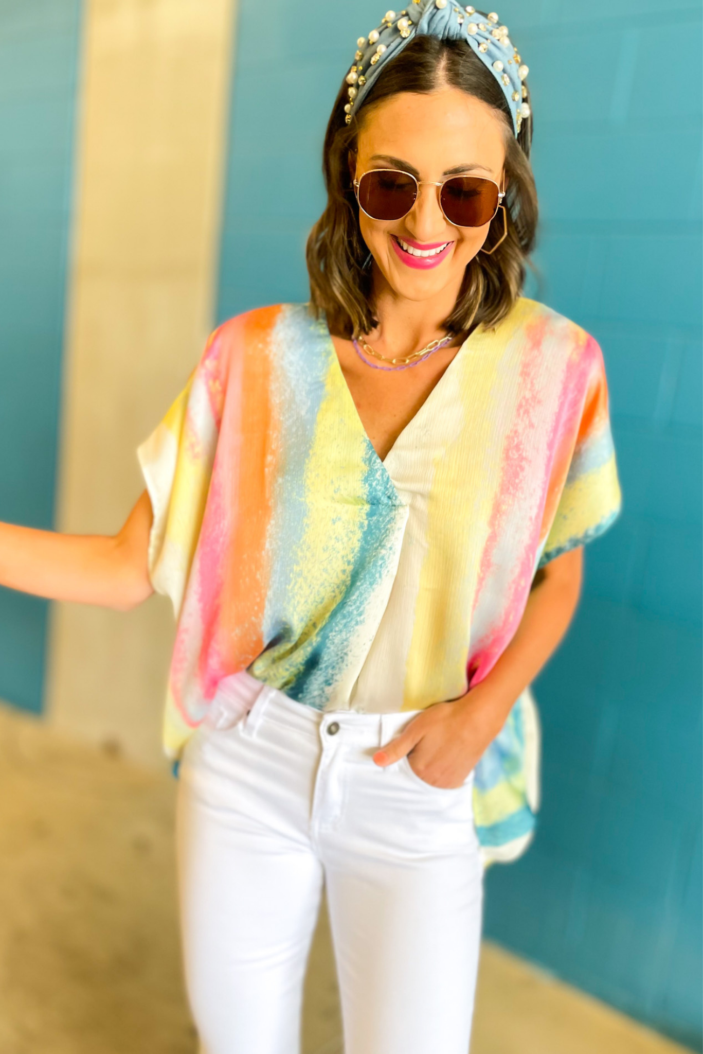 Multi Watercolor Striped V Neck Boxy Top, watercolor top, summer top, spring colors, mom style, shop style your senses by mallory fitzsimmons