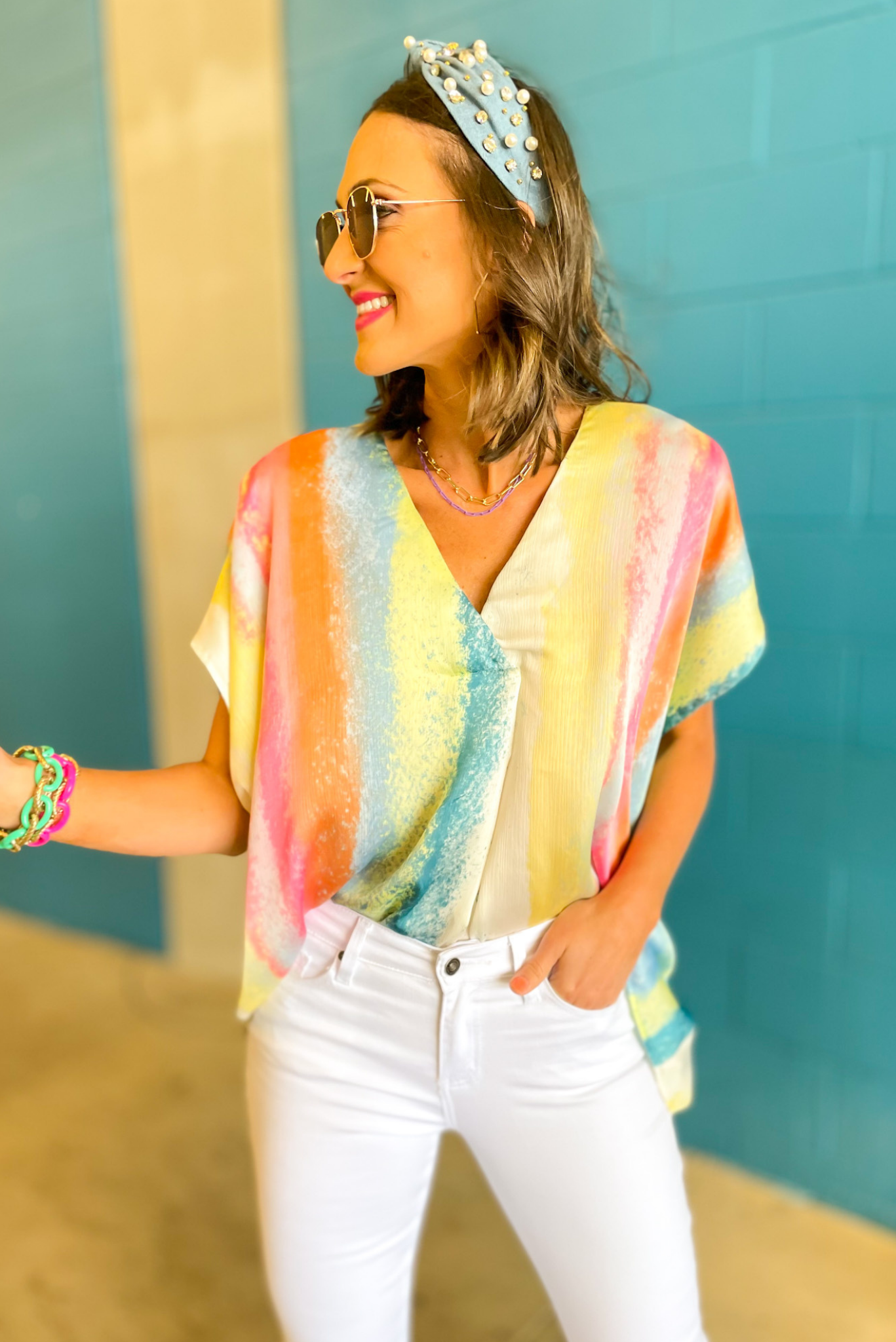 Multi Watercolor Striped V Neck Boxy Top, watercolor top, summer top, spring colors, mom style, shop style your senses by mallory fitzsimmons