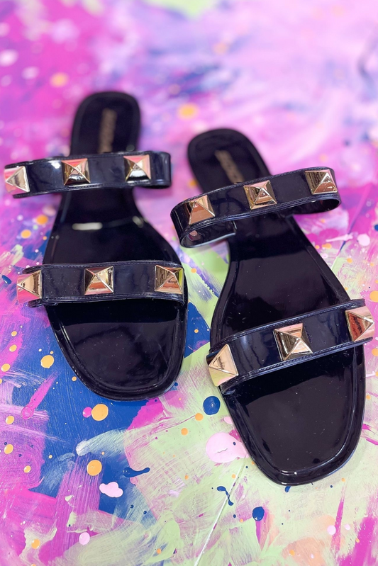 Black Double Strap Gold Studded Jelly Sandals, shoes, sandals, studs, black sandals, summer shoes, Shop Style Your Senses By Mallory Fitzsimmons