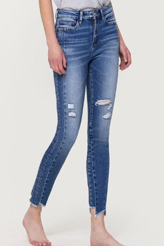 Vervet Medium Wash High Rise Uneven Hem Distressed Ankle Skinny Jeans, skinny jeans, distressed jeans, denim, high rise denim, Shop Style Your Senses By Mallory Fitzsimmons