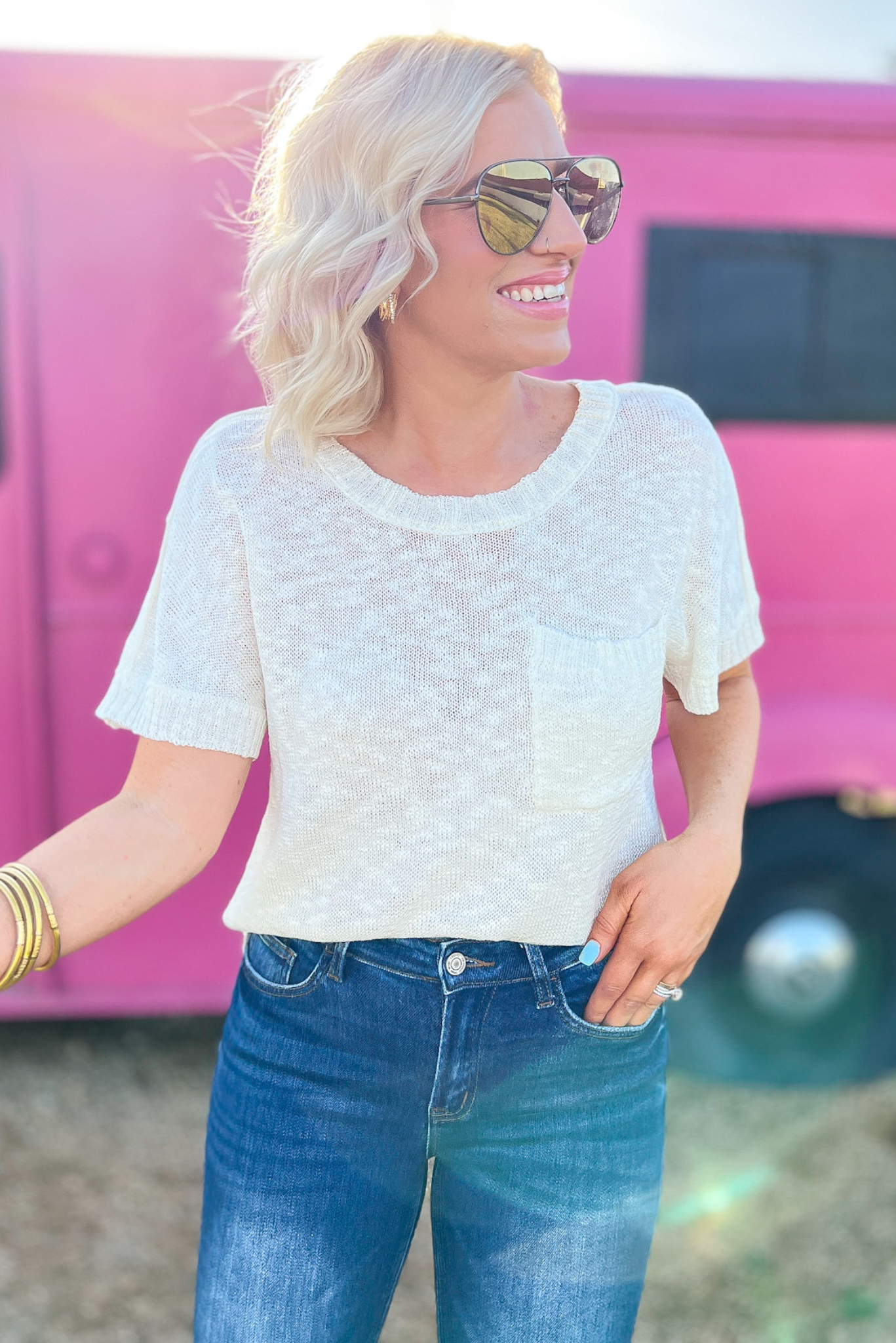 White Round Neck Knit Short Sleeve Top, knit top, pocket tee, round neck, short sleeve, white top, Shop Style Your Senses By Mallory Fitzsimmons