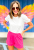 Off White Short Bubble Sleeve Top, white bubble top, bubble sleeve, work to weekend, summer top, hot pink shorts, shop style your senses by mallory fitzsimmons