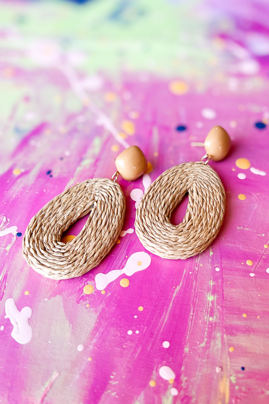 Tan Raffia Open Oval Earrings