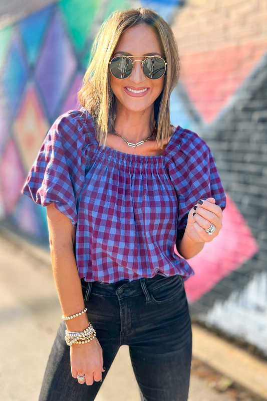 Purple Blue Gingham Square Neck Bubble Sleeve Top