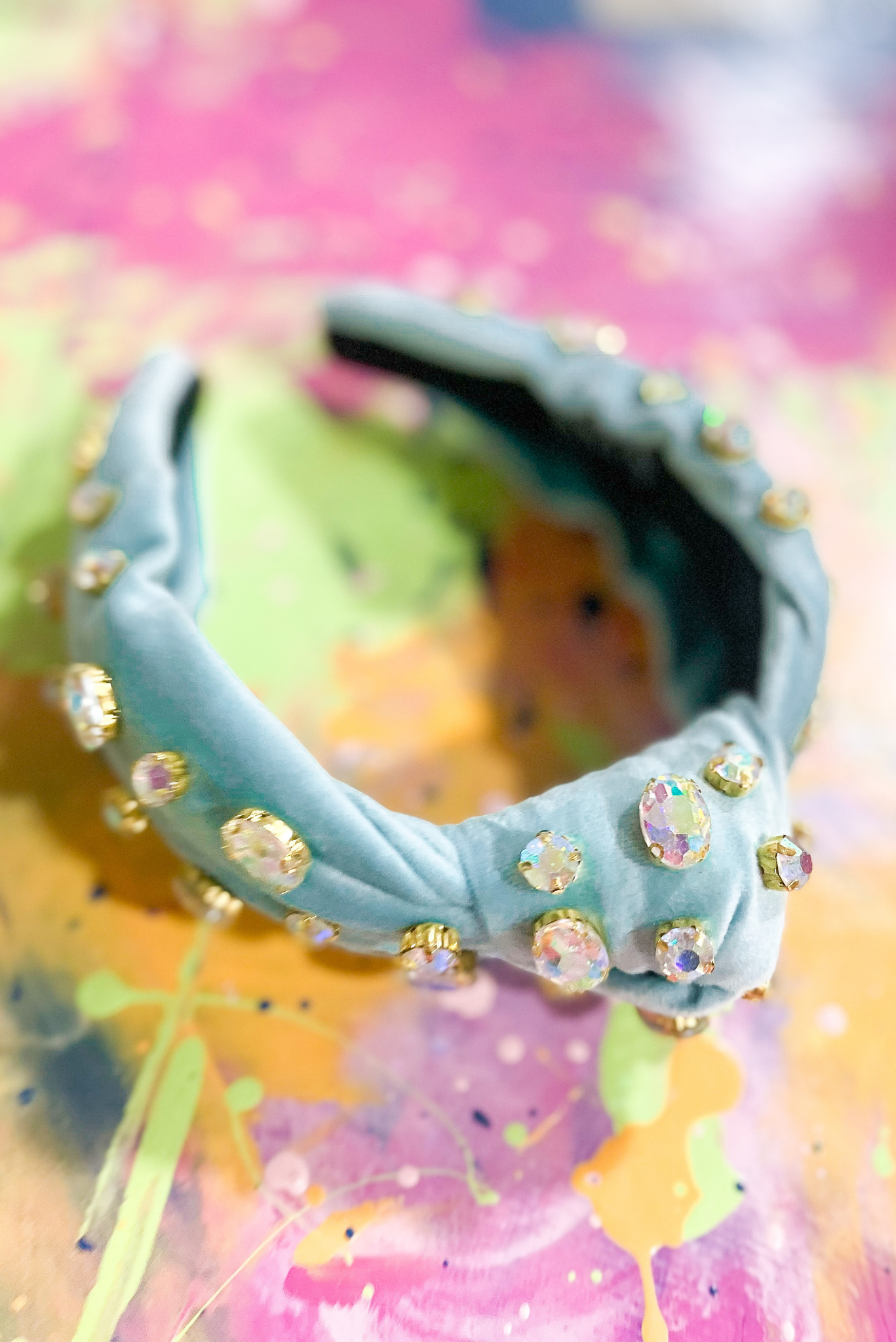 Turquoise Velvet Rhinestone Knot Headband