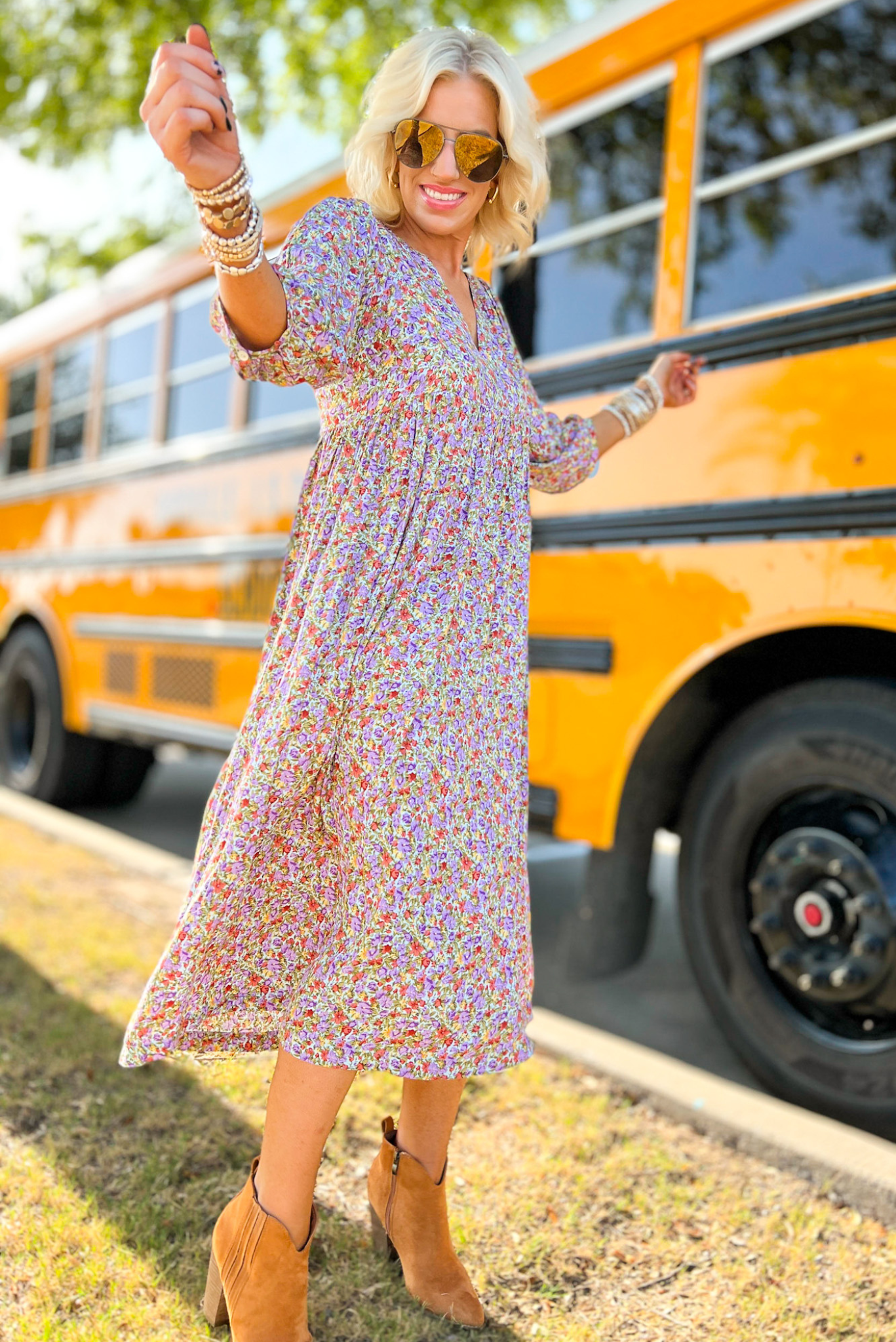 Lavender Floral Collarless V Neck Midi Dress, floral midi dress, v neck, long sleeve dress, maxi dress, fall style, Shop Style Your Senses By Mallory Fitzsimmons