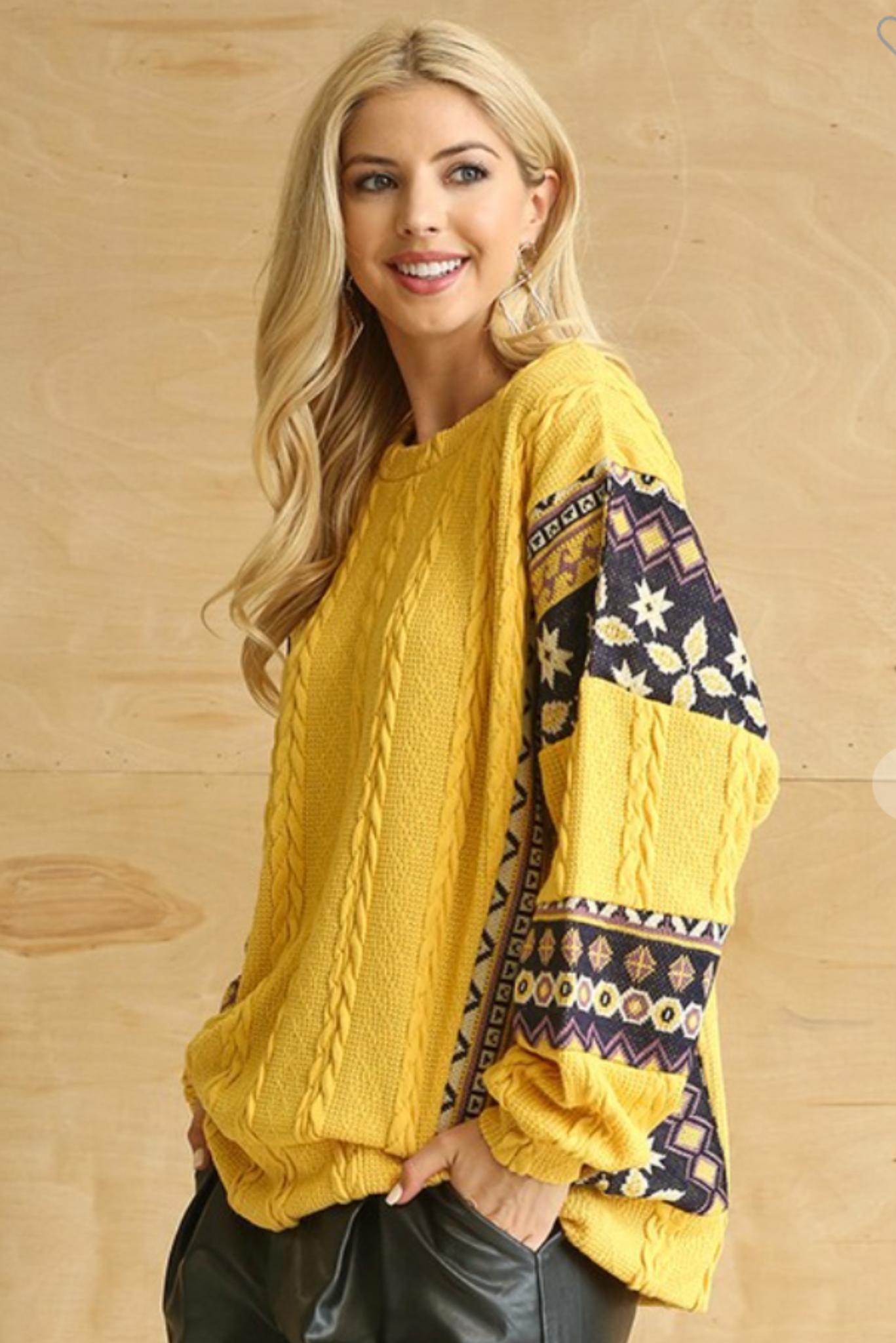 Yellow Rib Knit Aztec Print Contrast Sweater*FINAL SALE*