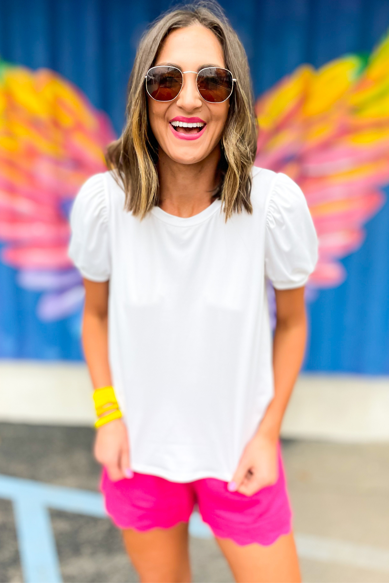 Off White Short Bubble Sleeve Top, white bubble top, bubble sleeve, work to weekend, summer top, hot pink shorts, shop style your senses by mallory fitzsimmons