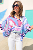 Blue Pink Abstract Print V Neck Kaftan Top, kaftan top, abstract, flowy top, blue abstract print, mom style, shop style your senses by mallory fitzsimmons