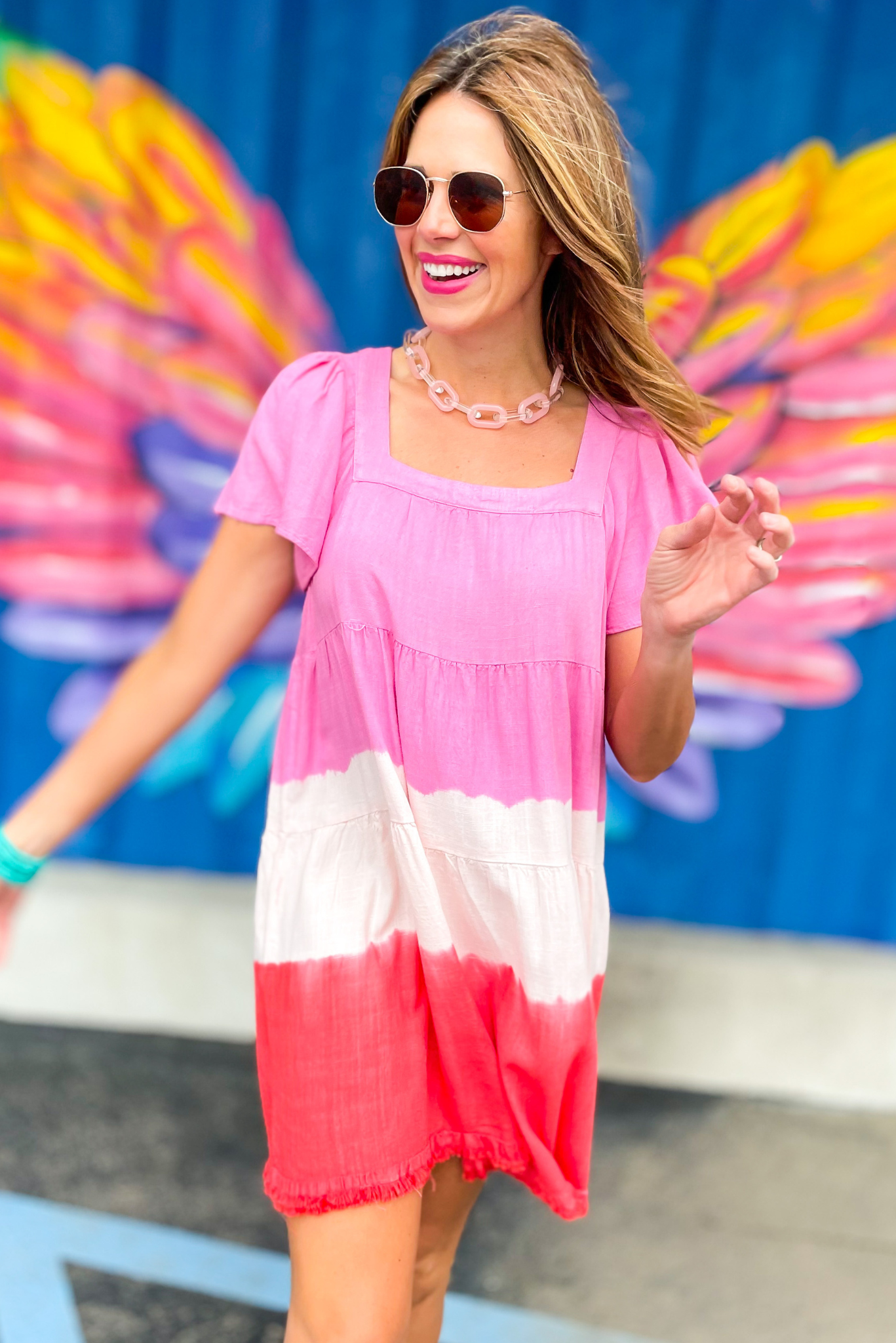 Pink Colorblock Dip Dye Square Neck Tiered Dress	Pink Colorblock Dip Dye Square Neck Tiered Dress, colorblock dress, tiered, square neck, shop style your senses by mallory fitzsimmons