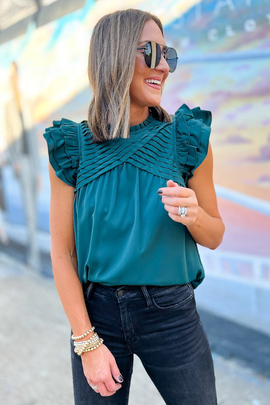 Green Cross Pleat Ruffle Sleeve Top, cross pleat, pleated top, green top, ruffle sleeves, Shop Style Your Senses By Mallory Fitzsimmons