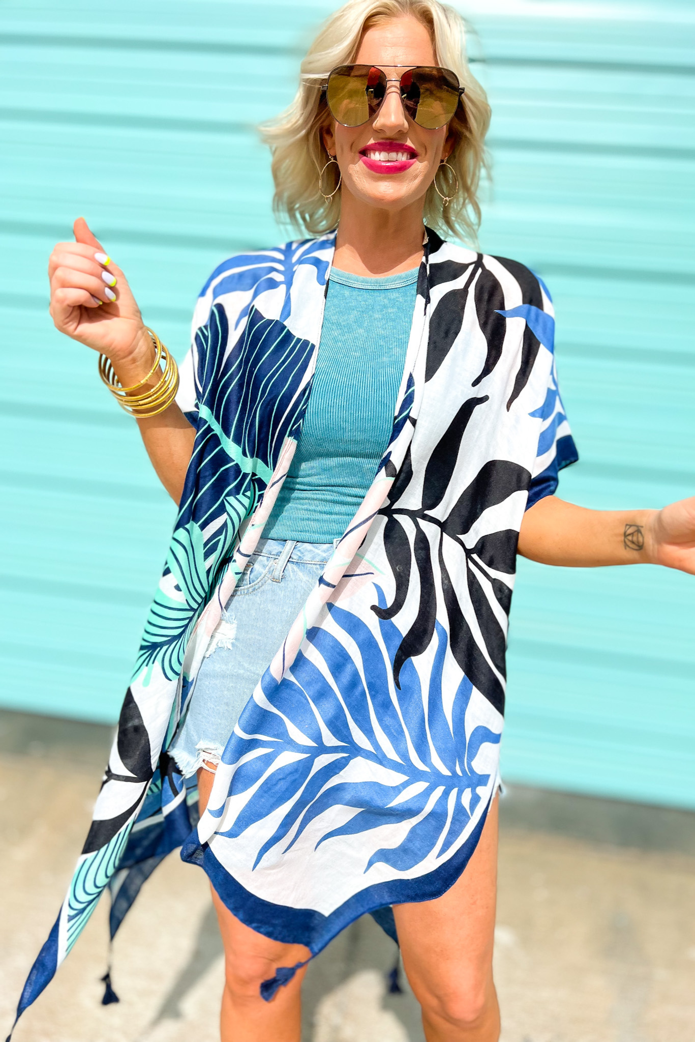 Navy Black Palm Print Kimono, kimono, navy print, floral, summer, seaside outfit, shop style your senses fitzsimmons