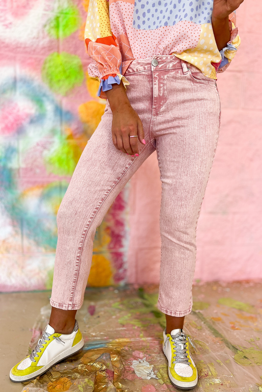 Pink Acid Wash Crop Straight Leg Jeans