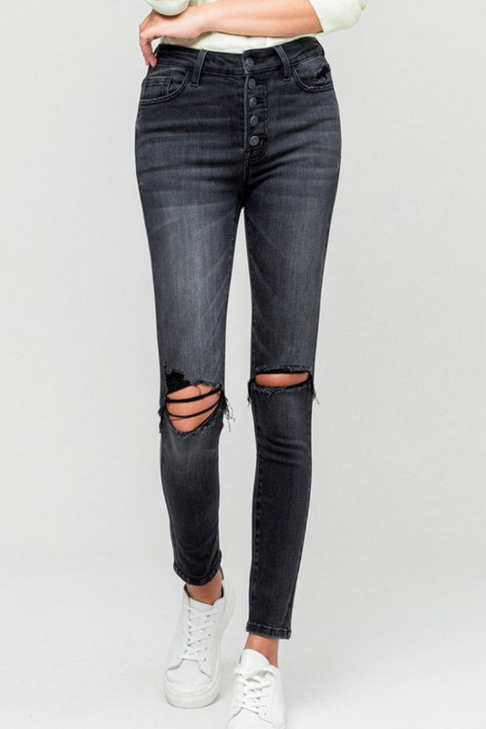 Dark High Rise Distressed Button Fly Ankle Skinny Jeans *FINAL SALE*