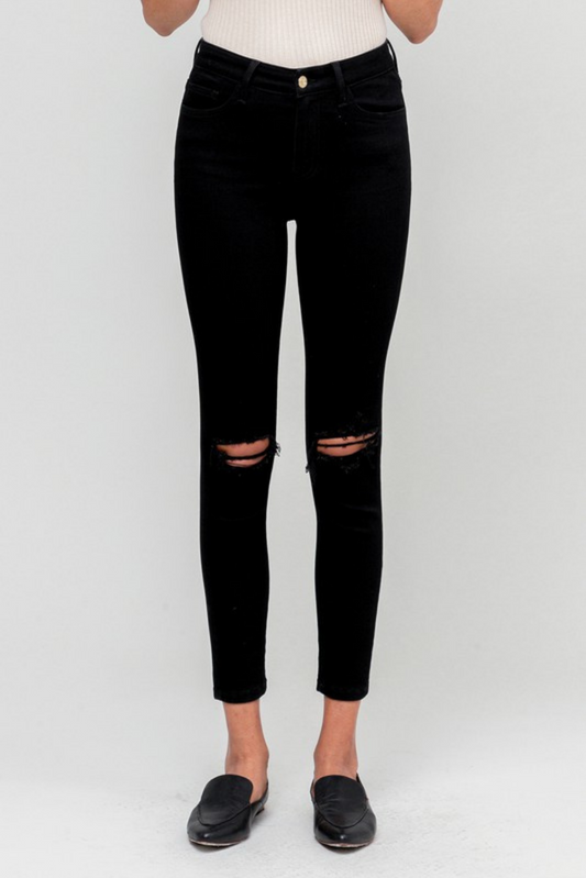 Black Mid Rise Knee Distressed Crop Skinny Jeans