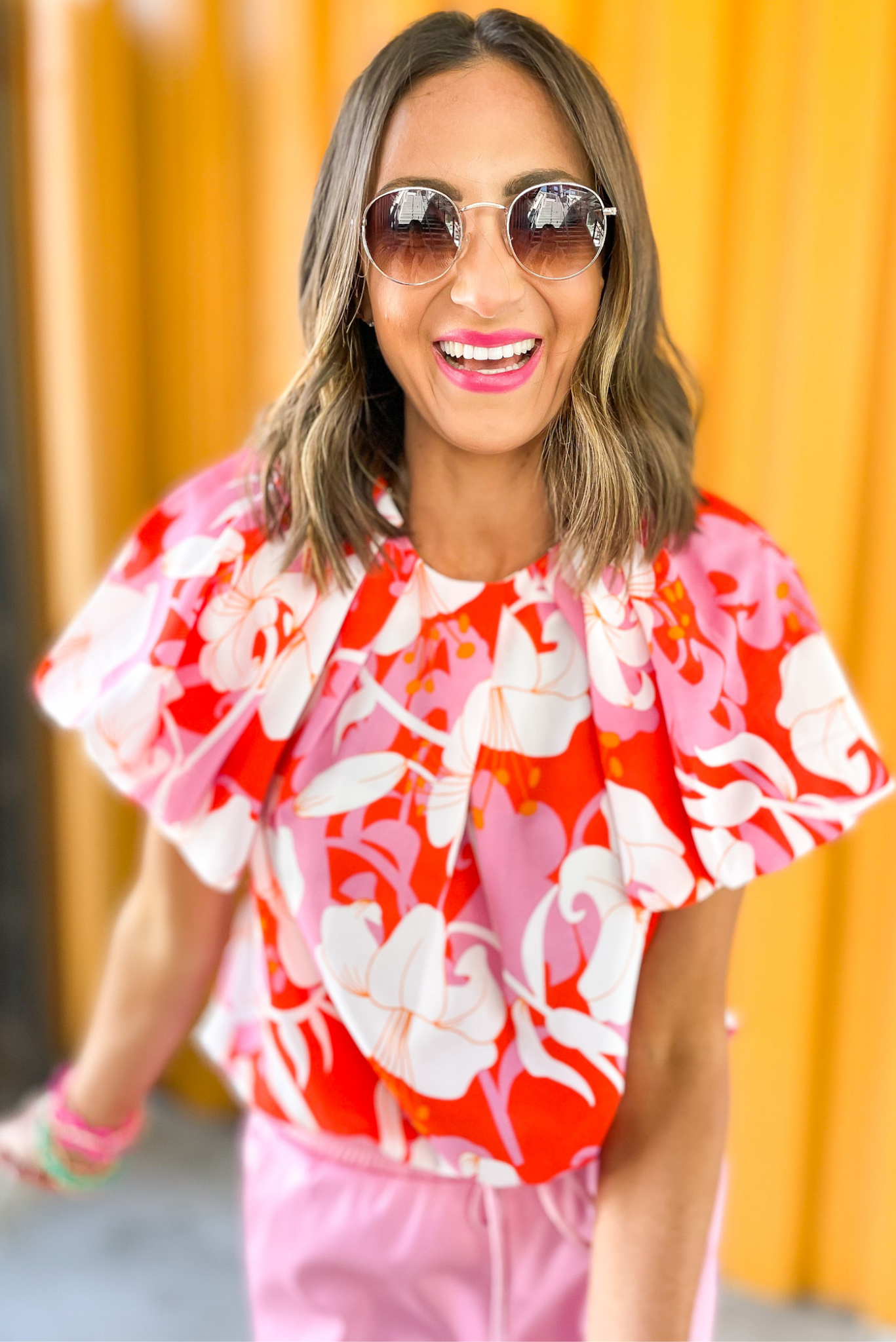 Orange Floral Print Pleated Bubble Sleeve Top, puff sleeve top, spring top, floral print, pleated, bubble sleeve top, shop style your senses by mallory fitzsimmons