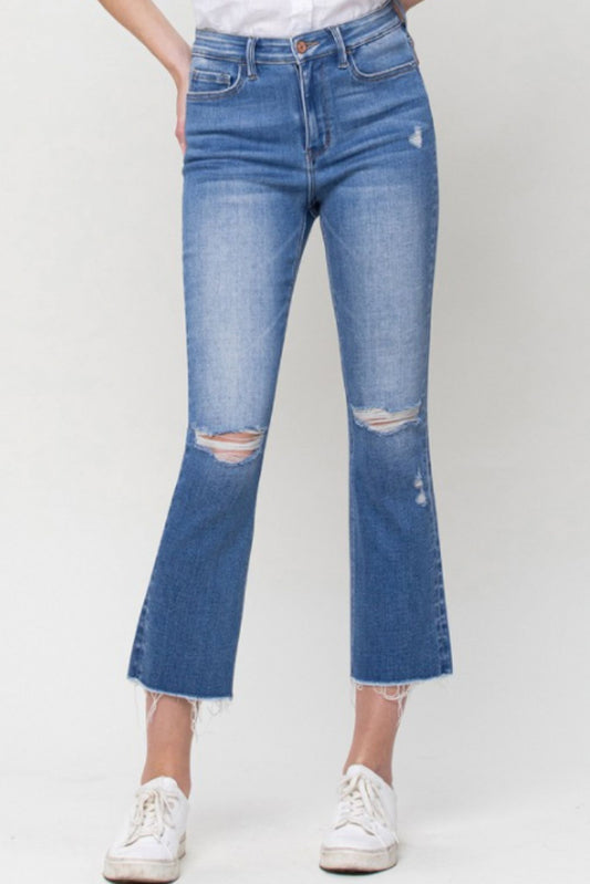 Medium Wash High Rise Cropped Kick Flare With Raw Hem Jeans