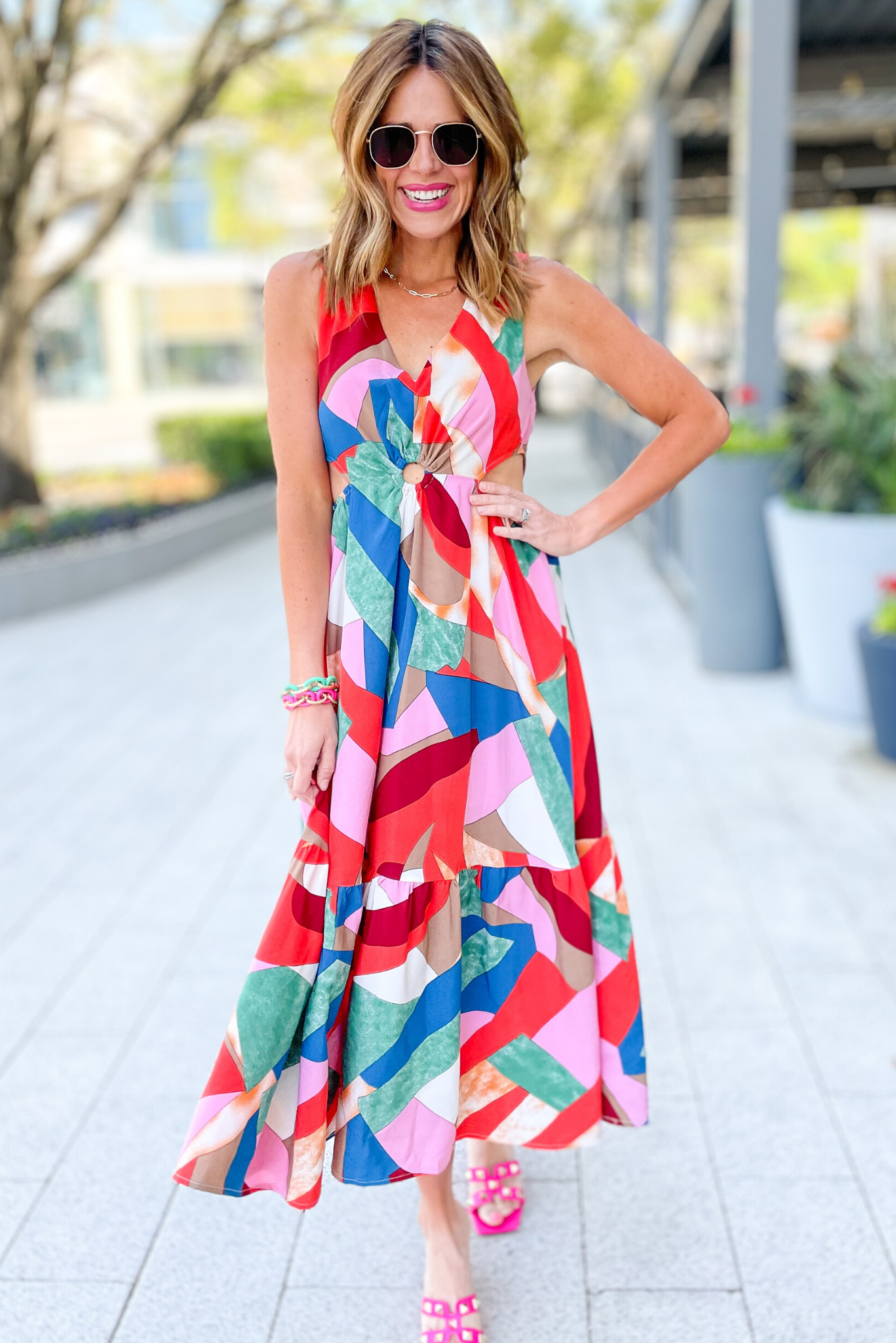 Pink Red Printed V Neck Cut Out O Ring Midi Dress, cut out dress, red printed, v neck, date night, summer dress, work to weekend, chic dress, o ring midi dress, mom style, shop style your senses by mallory fitzsimmons
