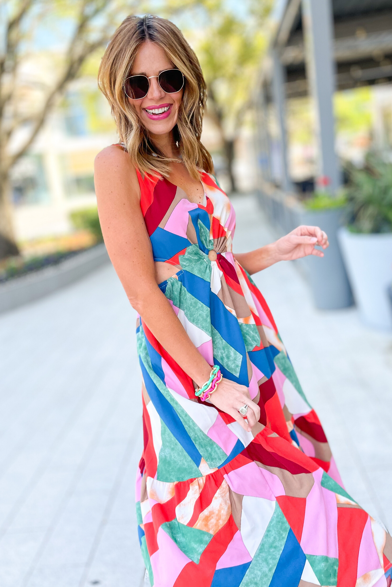 Pink Red Printed V Neck Cut Out O Ring Midi Dress, cut out dress, red printed, v neck, date night, summer dress, work to weekend, chic dress, o ring midi dress, mom style, shop style your senses by mallory fitzsimmons