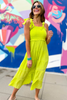 Lime Smocked Shoulder Tie Tiered Midi Dress, neon dress, smocked top, summer dress, vacation dress, spring outfit, mom style, bright dress, tie tiered dress, midi dress