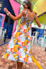 Yellow Abstract Print Smocked Shoulder Tie Maxi Dress, abstract maxi dress, colorful dress, spring outfit, summer dress, smocked dress, mom style, summer, shop style your senses by mallory fitzsimmons