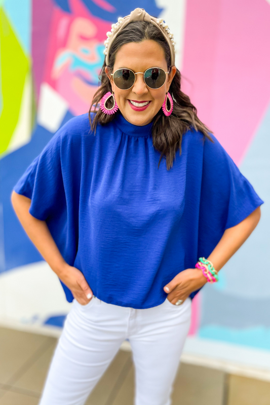 Royal Blue Mock Neck Caftan Top, royal blue mock neck, date night, chic, mock neck,  cape top, caftan top, spring top, summer outfit, shop style your senses by mallory fitzsimmons 