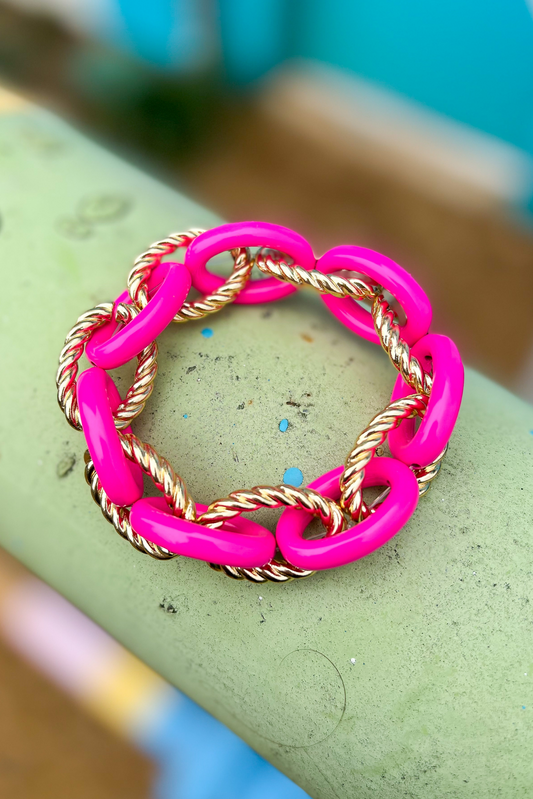 Hot Pink Acrylic Gold Rope Chain Link Bracelet