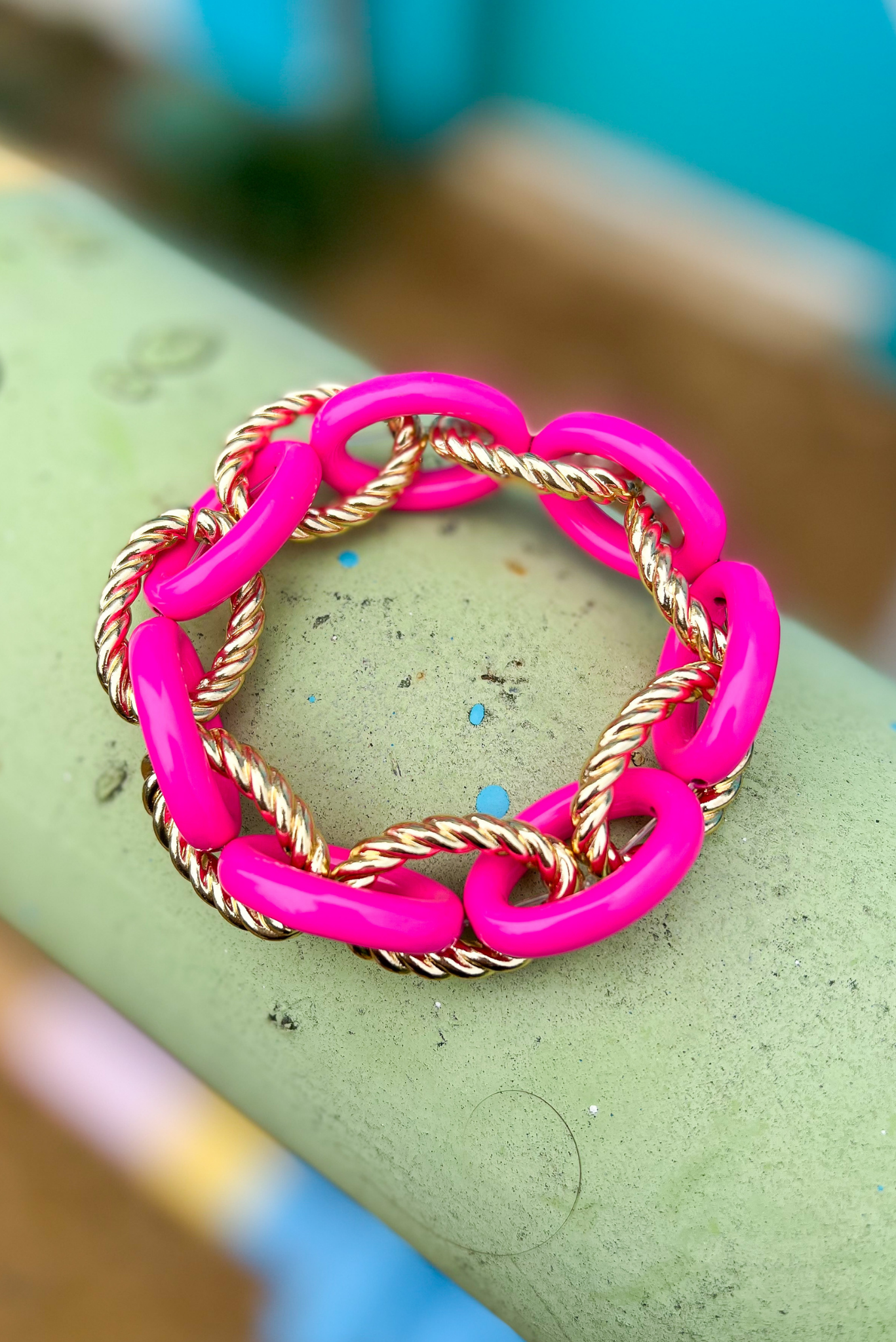 Hot Pink Acrylic Gold Rope Chain Link Bracelet