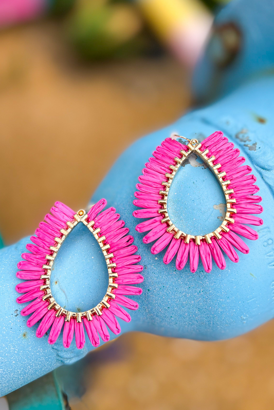 Hot Pink Raffia Fan Teardrop Earrings