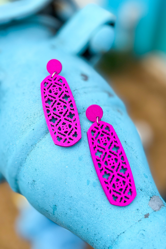 Fuchsia Wooden Design Dangle Earrings