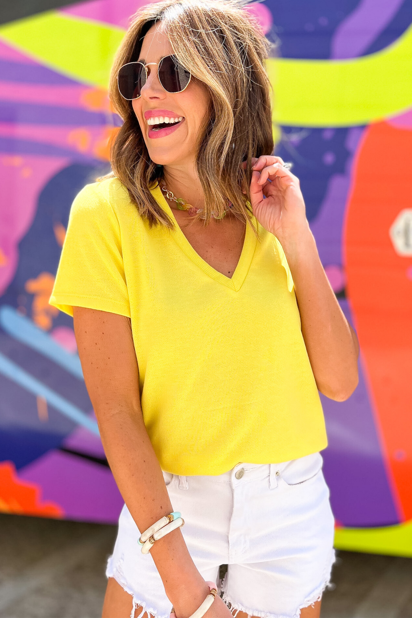 Neon Yellow V Neck Short Sleeve Knit Top, neon top, short sleeve top, summer top, spring colors, v neck, knit top, shop style your senses by mallory fitzsimmons