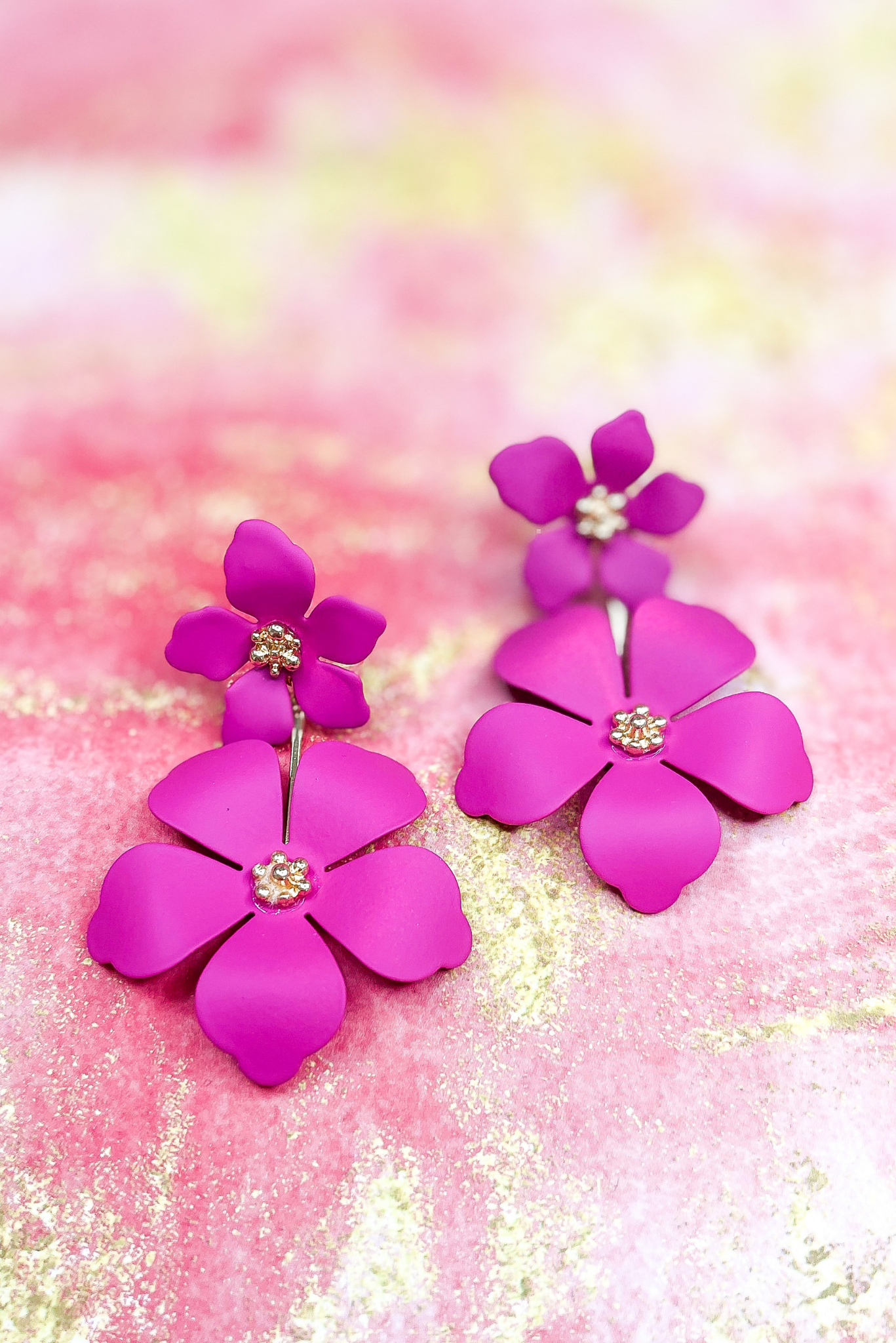 Fuchsia Double Flower Link Earrings