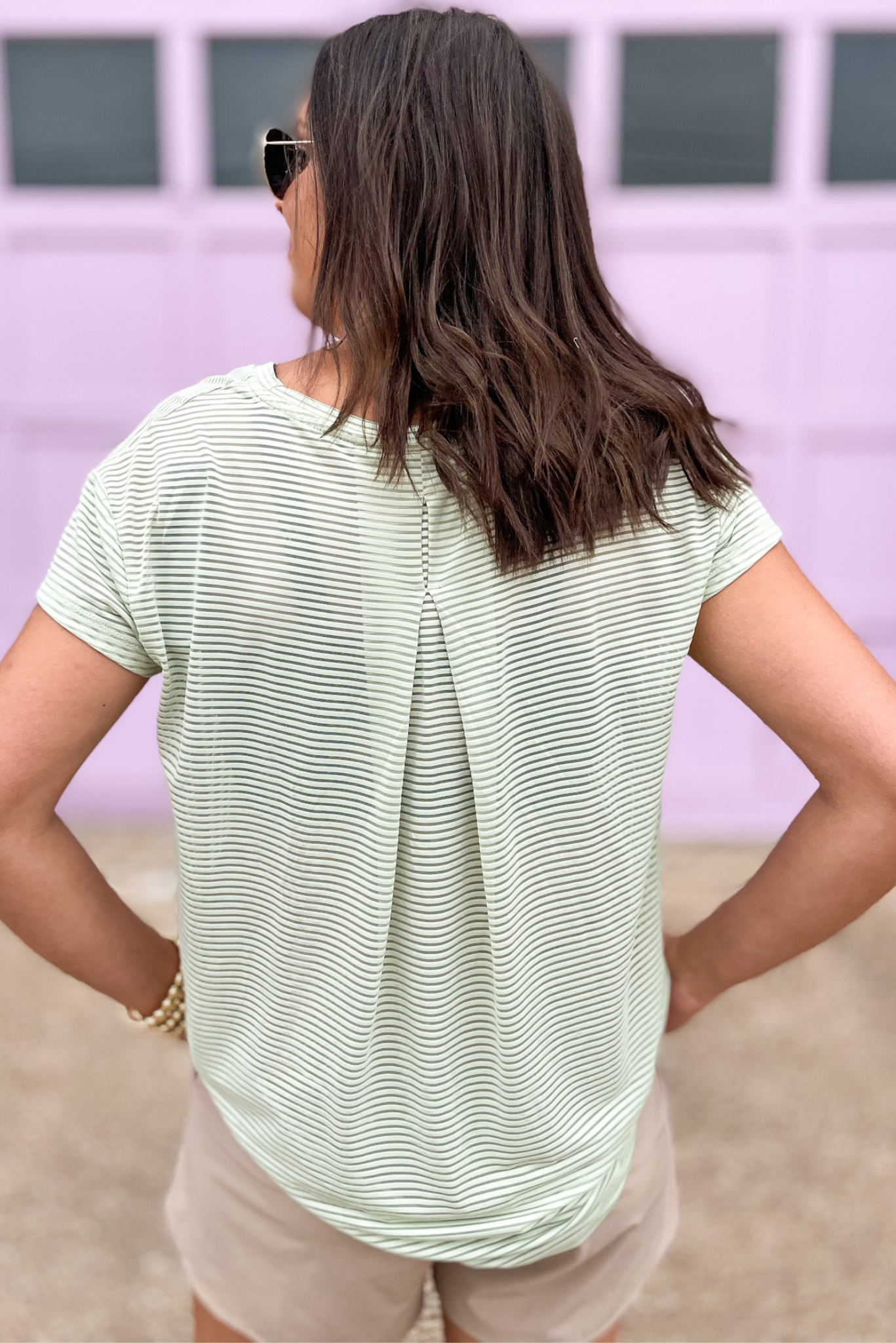 Sage Sheer Striped Mesh Paneled Back Top, mesh top, short sleeve top, work out top, sheer, athleisure, back panel, sage green, shop style your senses by mallory fitzsimmons
