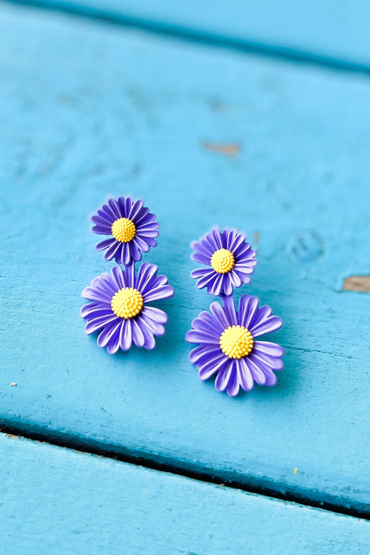 Purple Double Daisy Flower Earrings*FINAL SALE*