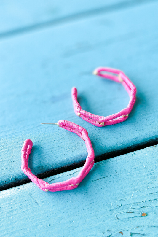 Hot Pink Raffia Wrapped Open Metal Link Half Hoop Earrings