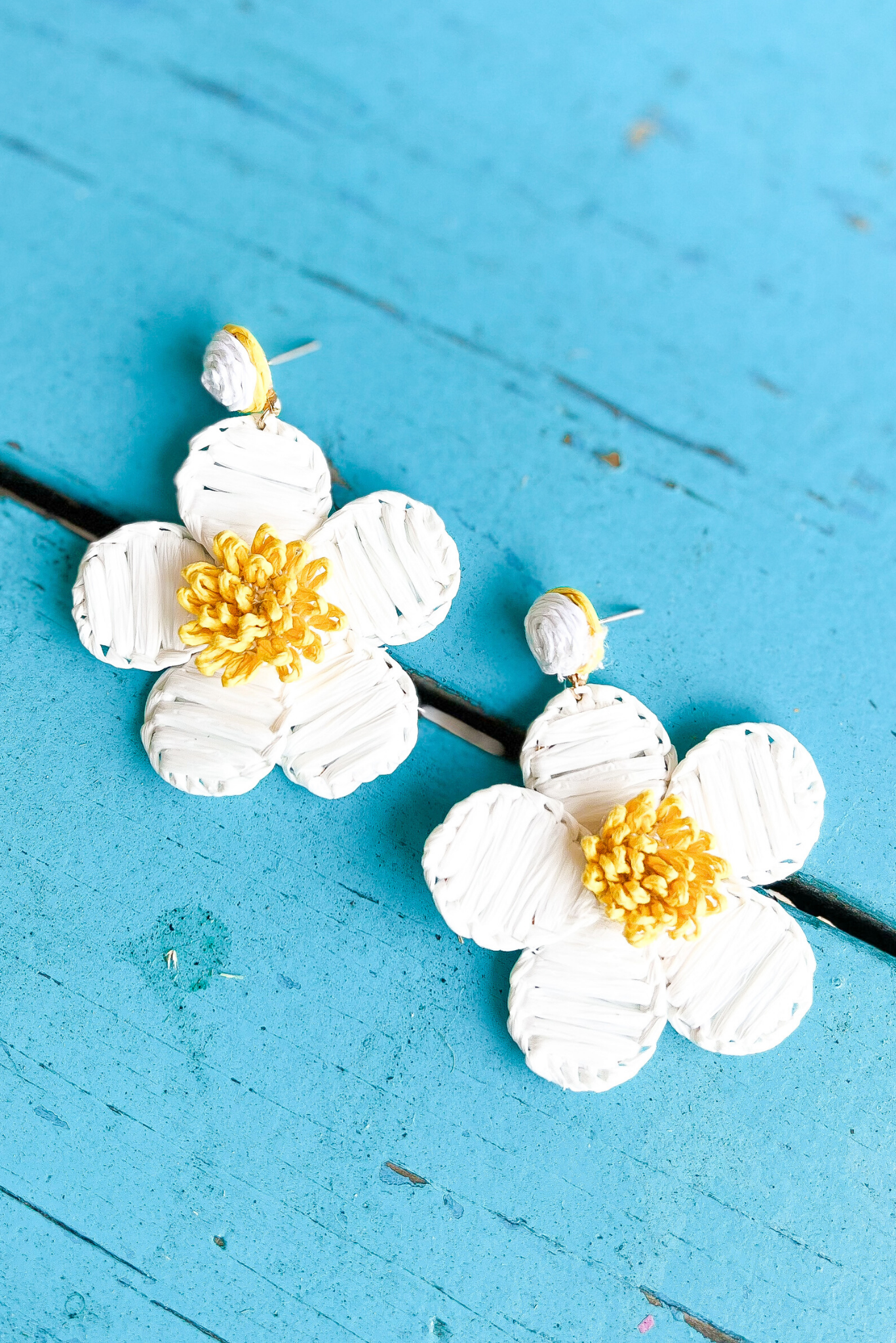 White Yellow Raffia Flower Earrings