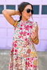 Pink Floral Print Frill Neck Cap Sleeve Tiered Midi Dress, midi dress, floral print, frill neck, cap sleeve, tiered midi dress, shop style your senses by mallory fitzsimmons