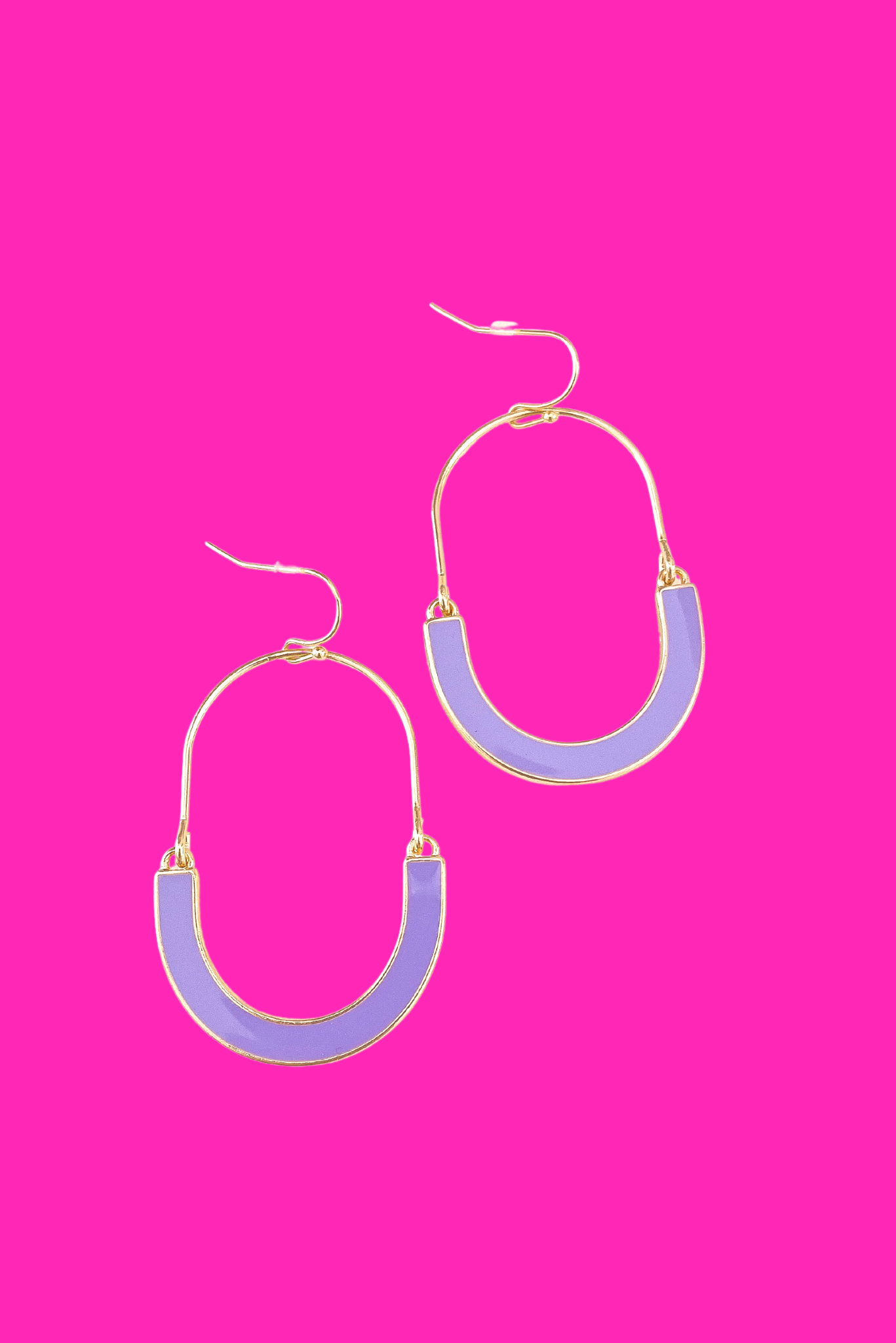 Gold Lavender Enamel Half Oval Dangle Earrings