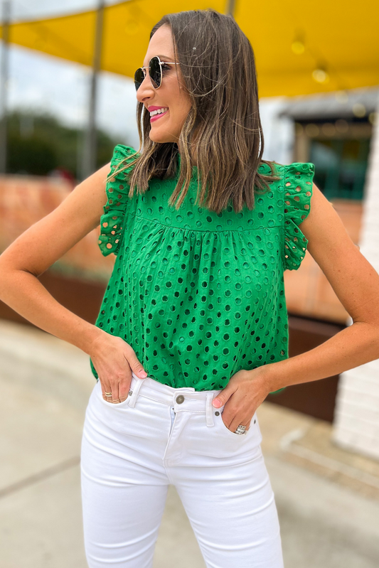 Kelly Green Eyelet Mock Neck Ruffle Cap Sleeve Top, kelly green, eyelet top, work to weekend, green ruffle sleeve, cap sleeve top, shop style your senses by mallory fitzsimmons