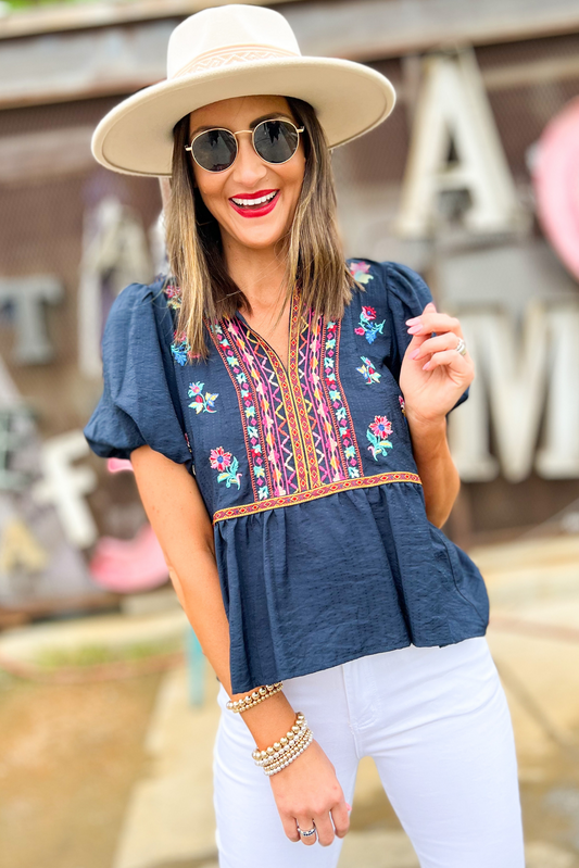 Navy V Neck Embroidered Puff Sleeve Top, embroidery, puff sleeve top, v neck top, embroidered, shop style your senses by mallory fitzsimmons