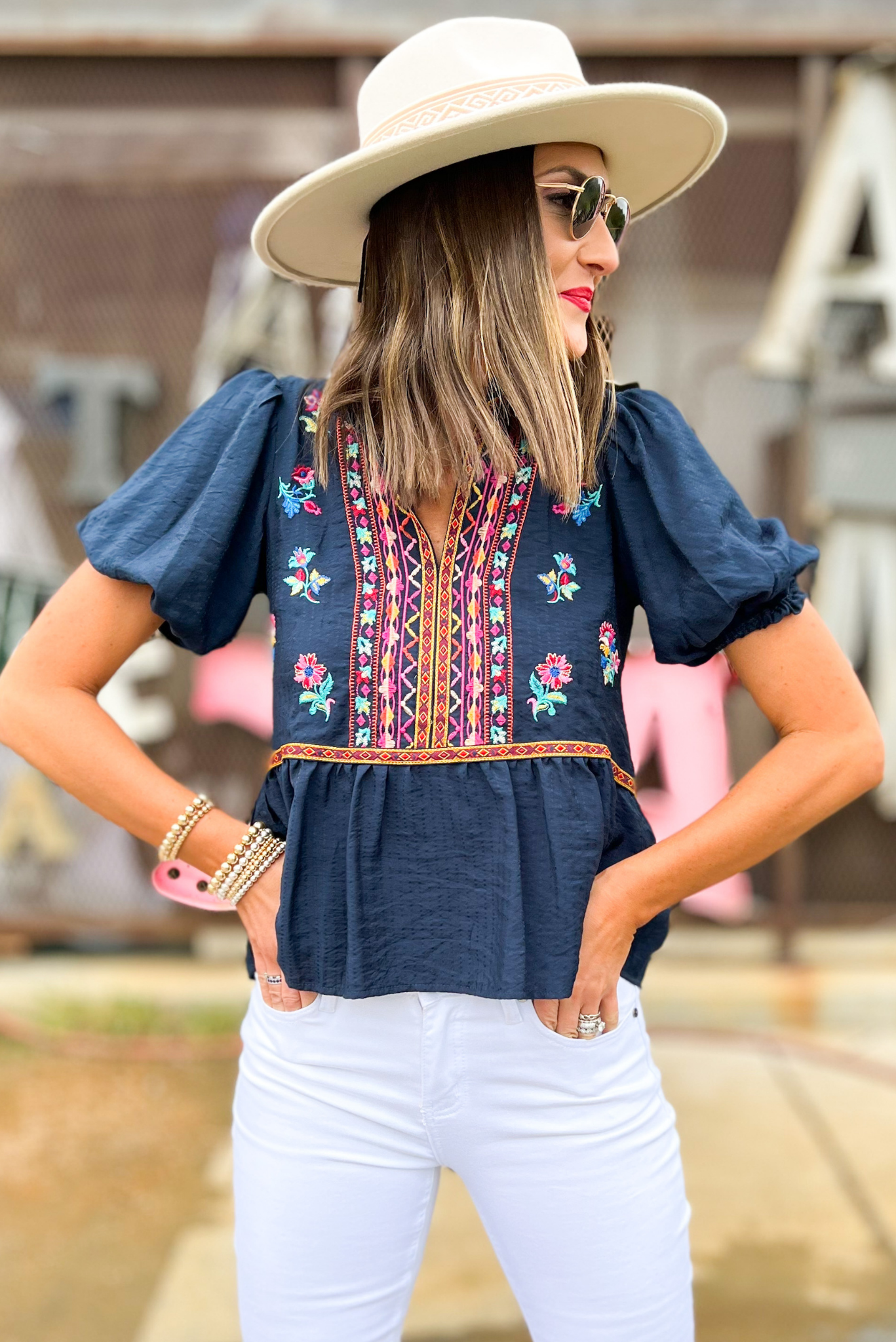 Navy V Neck Embroidered Puff Sleeve Top, embroidery, puff sleeve top, v neck top, embroidered, shop style your senses by mallory fitzsimmons