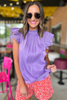 Purple Shimmer Frill Mock Neck Ruffle Cap Sleeve Top, satin, silky top, purple shimmer, ruffle, mock neck, frill sleeve, cap sleeve, summer top, shop style your senses by mallory fitzsimmons 