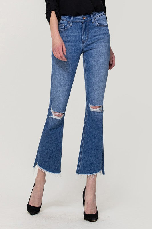 Vervet Medium Wash Mid Rise Ankle Mini Flare With Slit Hem Detail Jean