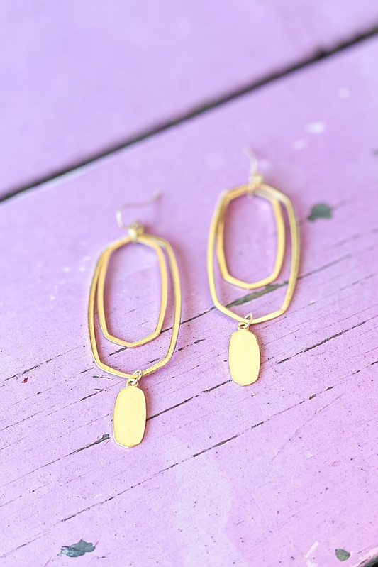 Gold Triple Metal Hexagon Link Dangle Earrings