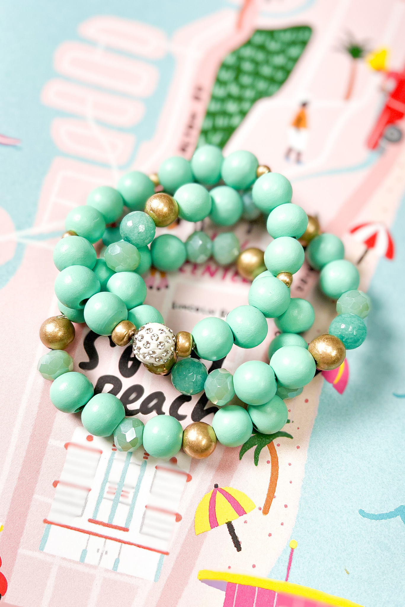 Mint Wood Bead Stretch Gold Accent Bracelet Stack