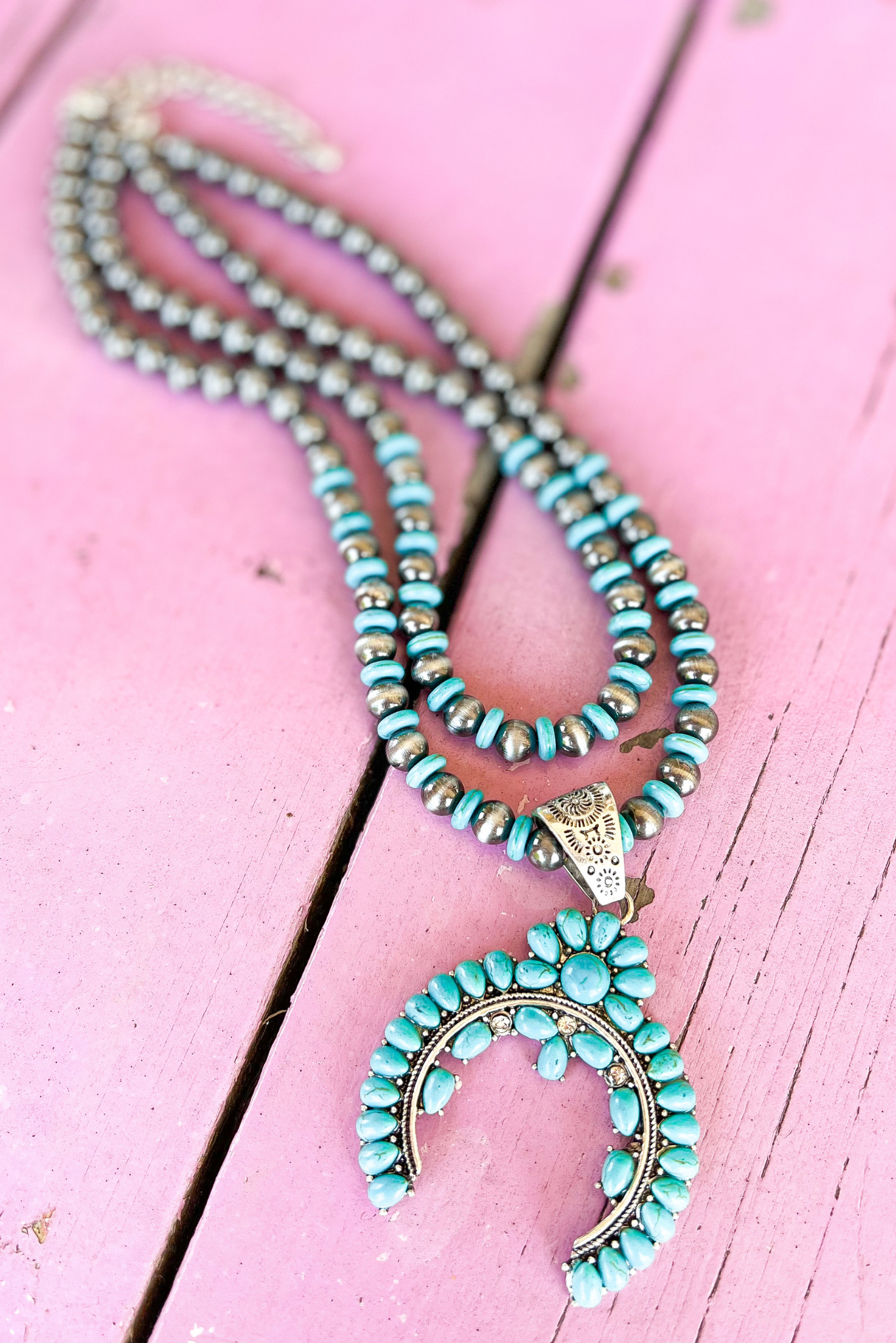 Turquoise Double Horn Pendant Wrap Necklace