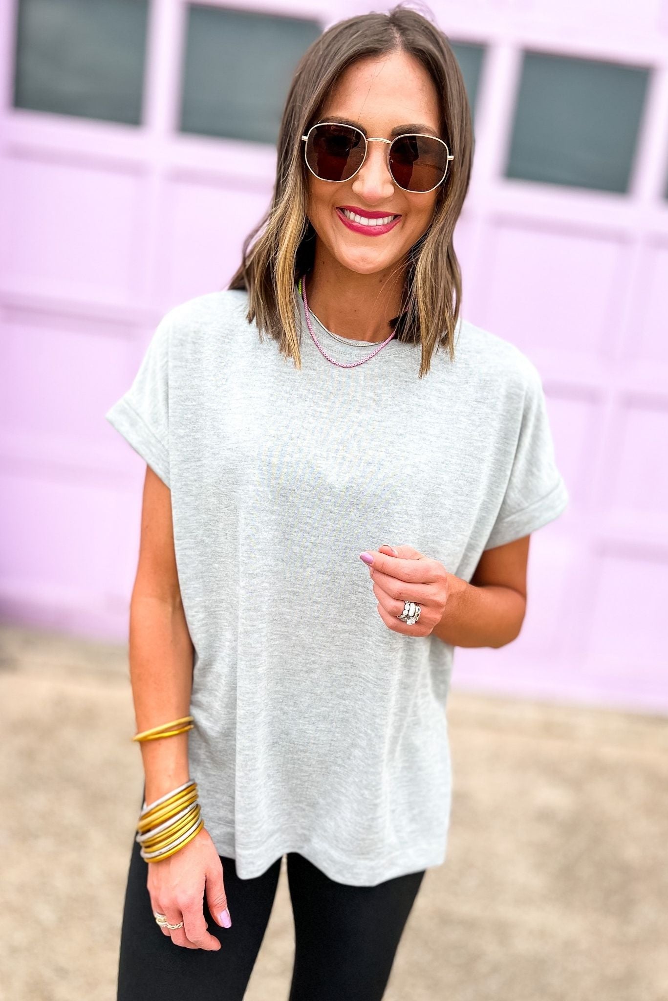 Heather Grey Round Neck Short Sleeve Side Slit Top, round neck, split hem, short sleeve workout top, athleisure, mom style, shop style your senses by mallory fitzsimmons