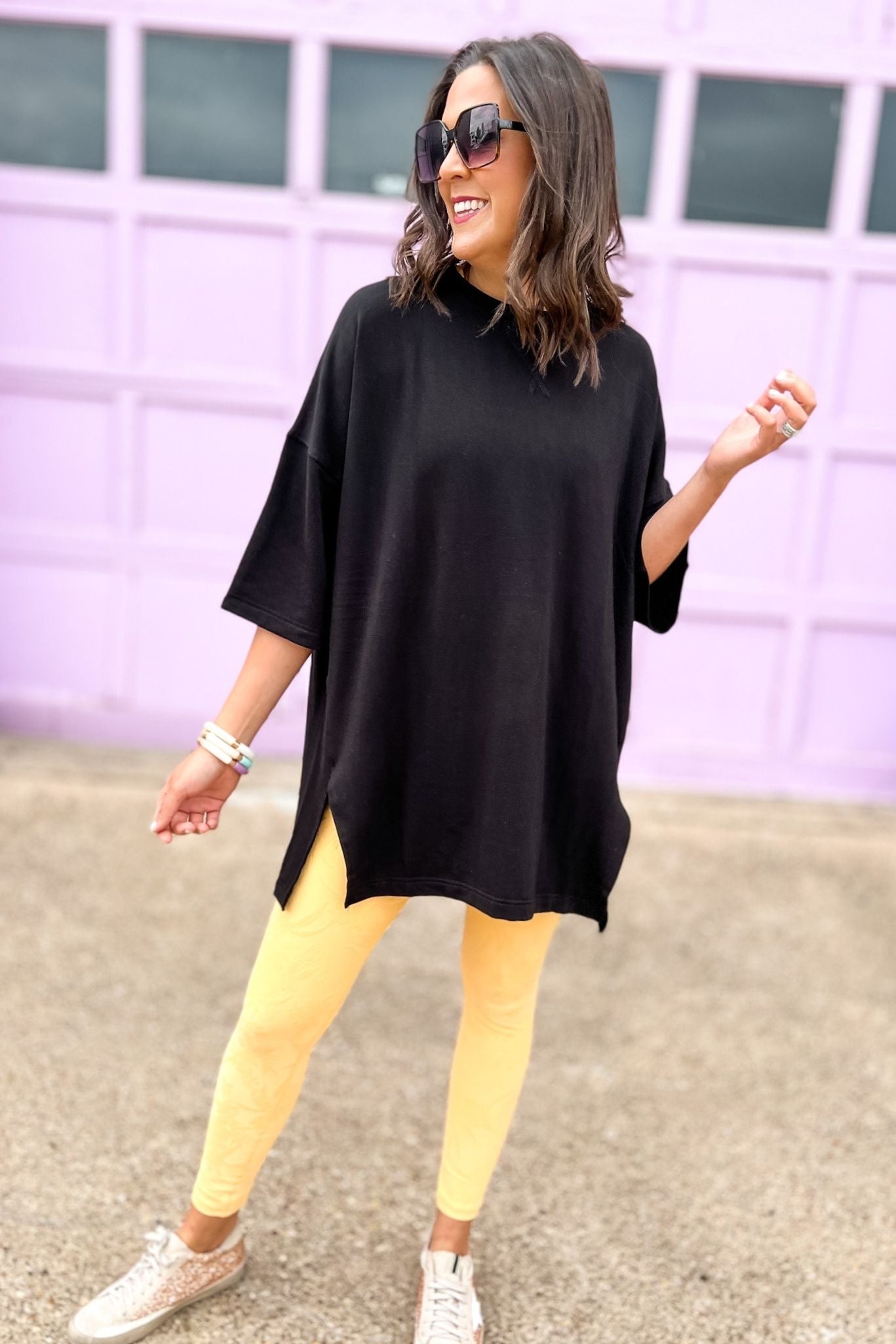 Black Short Sleeve Side Slit Pullover Top, pullover top, workout top, oversized, athleisure, black top, essential, shop style your senses by mallory fitzsimmons