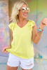 Lime Green V Neck Ruffle Layer Cap Sleeve Knit Top, lime yellow, v neck, ruffle sleeves, summer top, summer colors, white jogger shorts, shop style your senses by mallory fitzsimmons